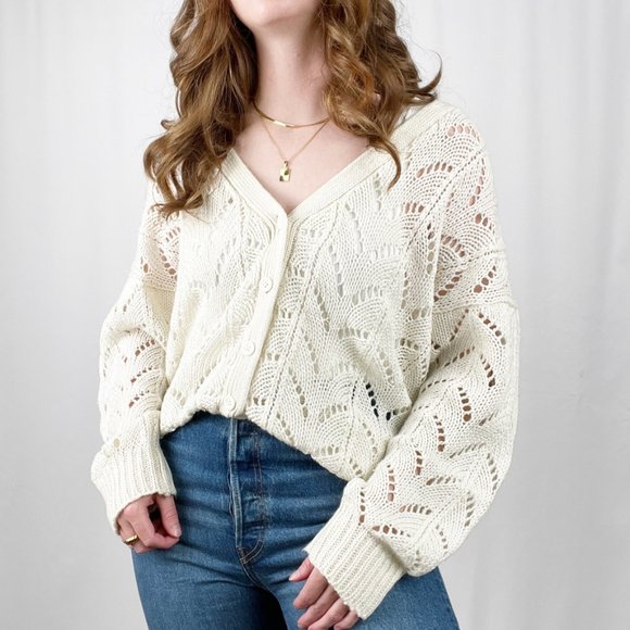 Vintage Sweaters - Stunning Vintage Oversized Open Crochet Cable Knit Cardigan Sweater Jumper White